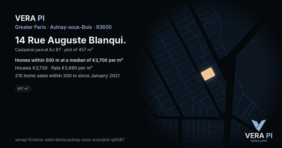 14 Rue Auguste Blanqui, Aulnay-sous-Bois at night – the plot lit, the parcels around coloured by the prices near them