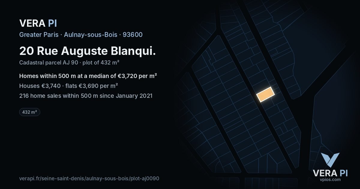 20 Rue Auguste Blanqui, Aulnay-sous-Bois at night – the plot lit, the parcels around coloured by the prices near them