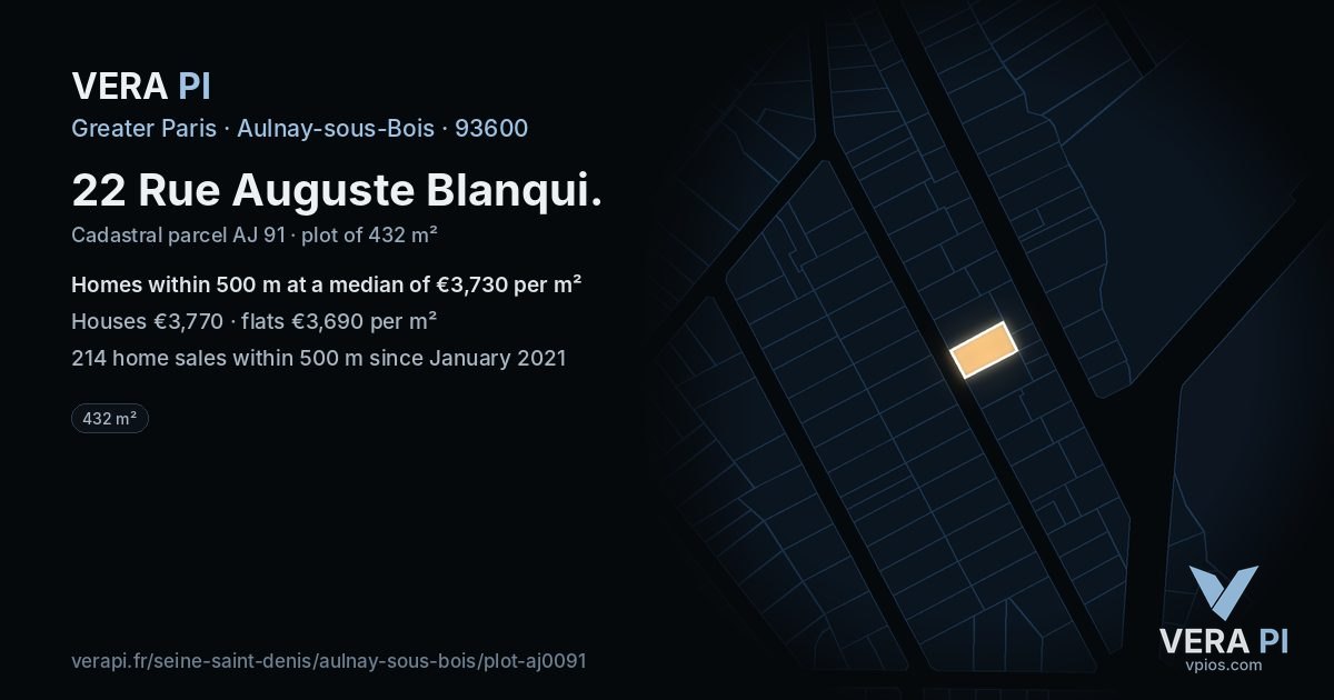 22 Rue Auguste Blanqui, Aulnay-sous-Bois at night – the plot lit, the parcels around coloured by the prices near them