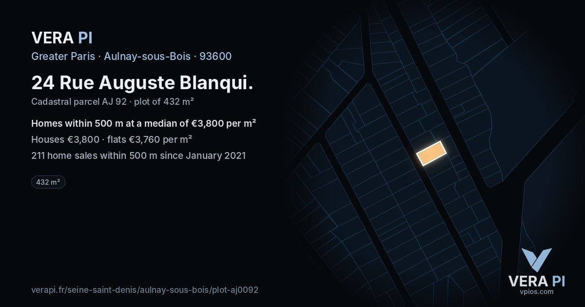 24 Rue Auguste Blanqui, Aulnay-sous-Bois at night – the plot lit, the parcels around coloured by the prices near them