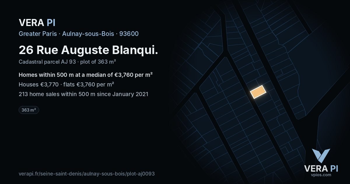 26 Rue Auguste Blanqui, Aulnay-sous-Bois at night – the plot lit, the parcels around coloured by the prices near them