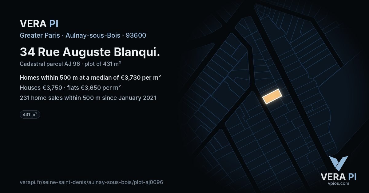 34 Rue Auguste Blanqui, Aulnay-sous-Bois at night – the plot lit, the parcels around coloured by the prices near them