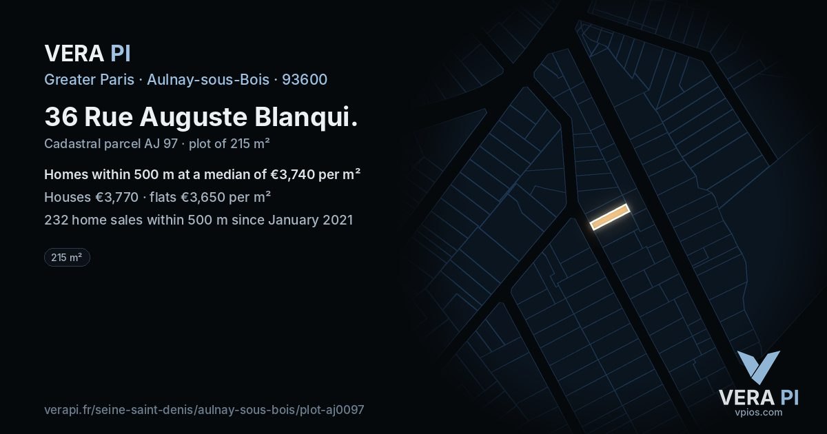 36 Rue Auguste Blanqui, Aulnay-sous-Bois at night – the plot lit, the parcels around coloured by the prices near them