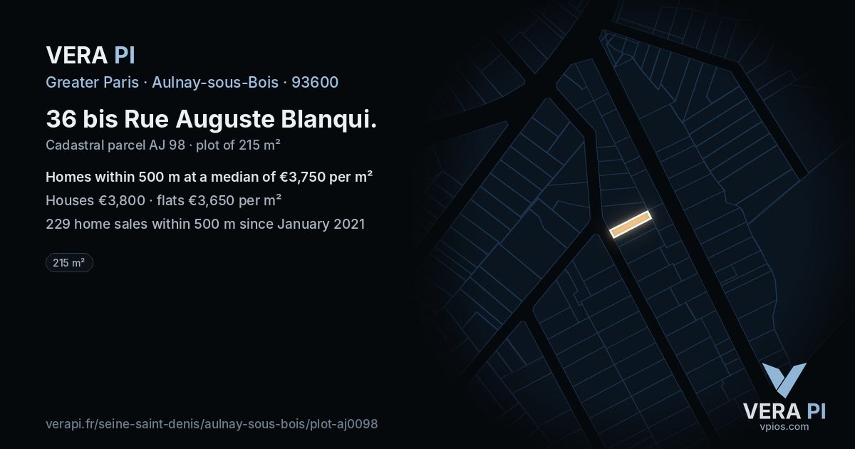 36 bis Rue Auguste Blanqui, Aulnay-sous-Bois at night – the plot lit, the parcels around coloured by the prices near them