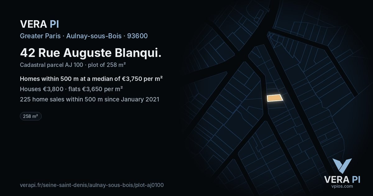 42 Rue Auguste Blanqui, Aulnay-sous-Bois at night – the plot lit, the parcels around coloured by the prices near them
