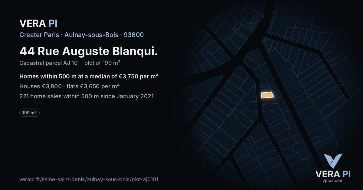 44 Rue Auguste Blanqui, Aulnay-sous-Bois at night – the plot lit, the parcels around coloured by the prices near them