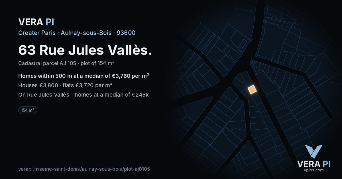 63 Rue Jules Vallès, Aulnay-sous-Bois at night – the plot lit, the parcels around coloured by the prices near them