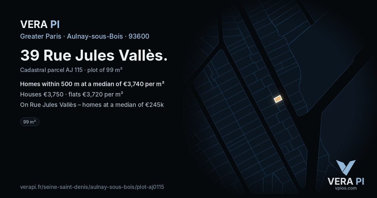 39 Rue Jules Vallès, Aulnay-sous-Bois at night – the plot lit, the parcels around coloured by the prices near them