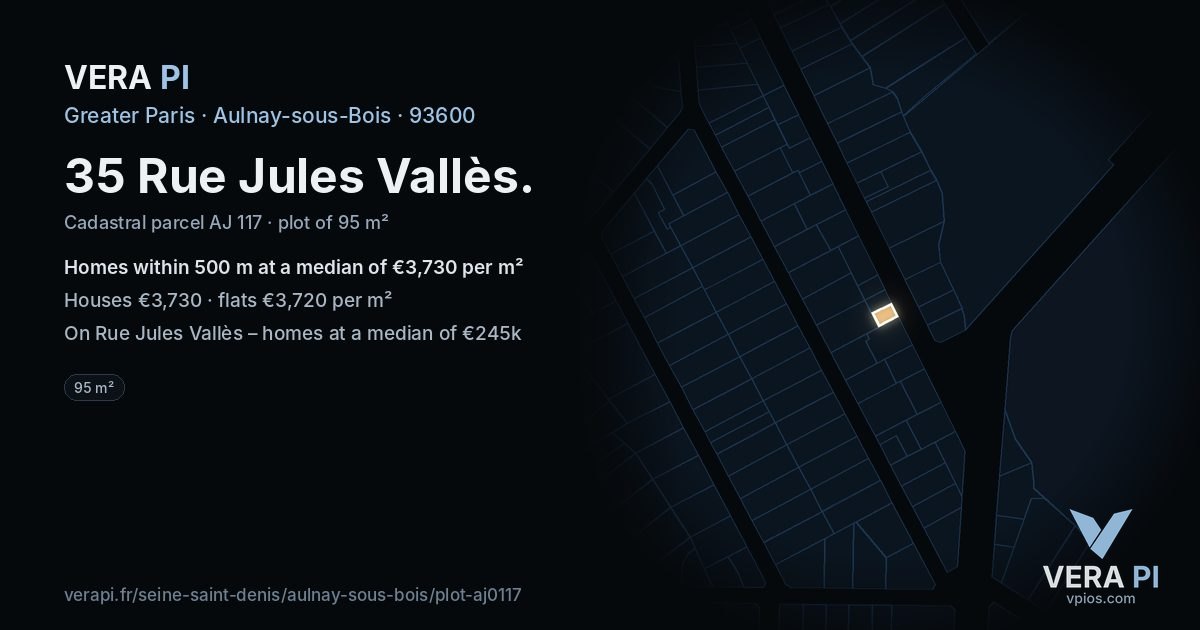 35 Rue Jules Vallès, Aulnay-sous-Bois at night – the plot lit, the parcels around coloured by the prices near them