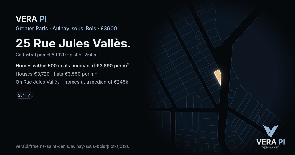 25 Rue Jules Vallès, Aulnay-sous-Bois at night – the plot lit, the parcels around coloured by the prices near them