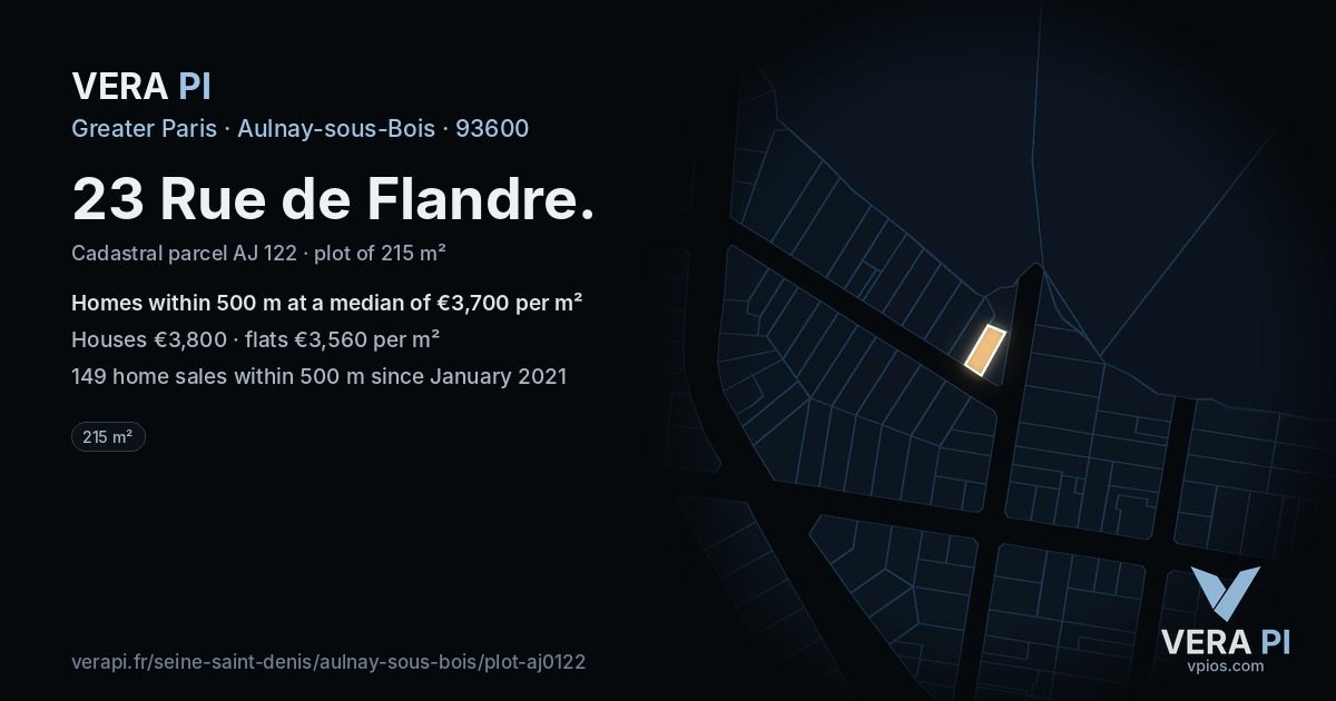 23 Rue de Flandre, Aulnay-sous-Bois at night – the plot lit, the parcels around coloured by the prices near them