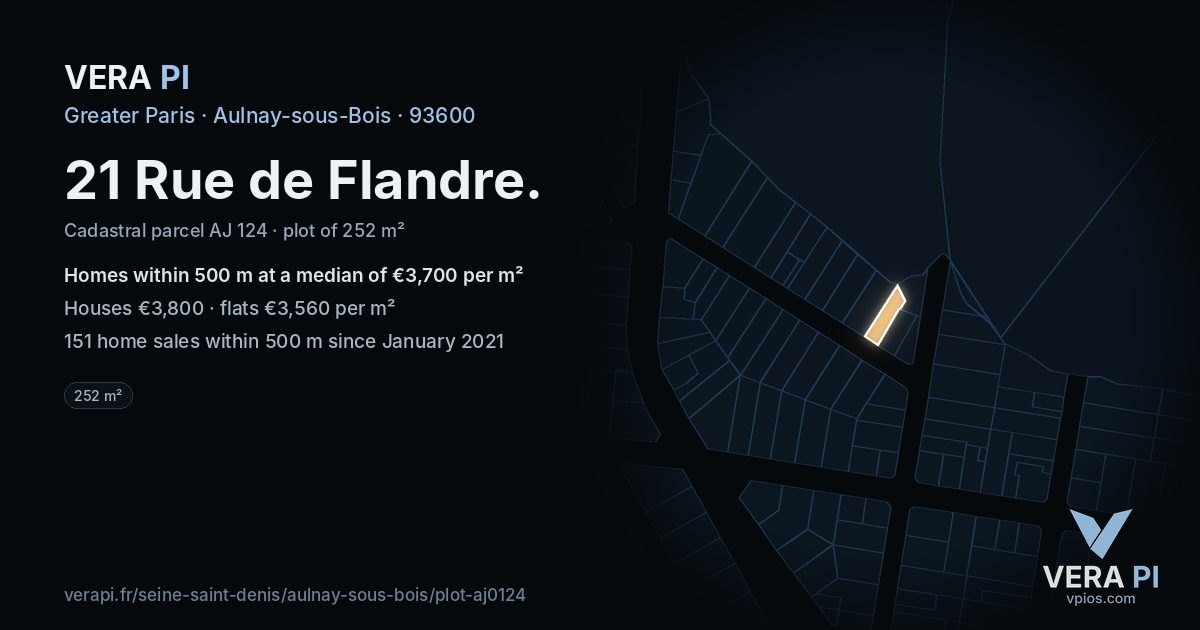 21 Rue de Flandre, Aulnay-sous-Bois at night – the plot lit, the parcels around coloured by the prices near them