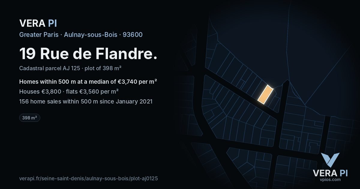 19 Rue de Flandre, Aulnay-sous-Bois at night – the plot lit, the parcels around coloured by the prices near them