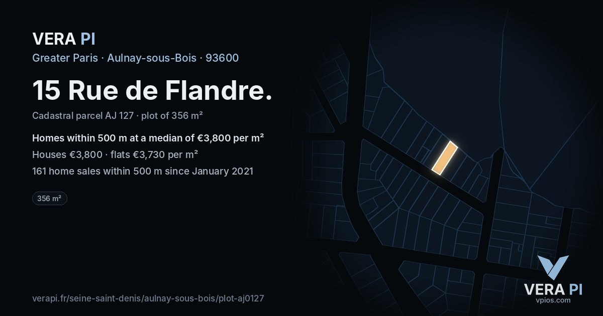 15 Rue de Flandre, Aulnay-sous-Bois at night – the plot lit, the parcels around coloured by the prices near them
