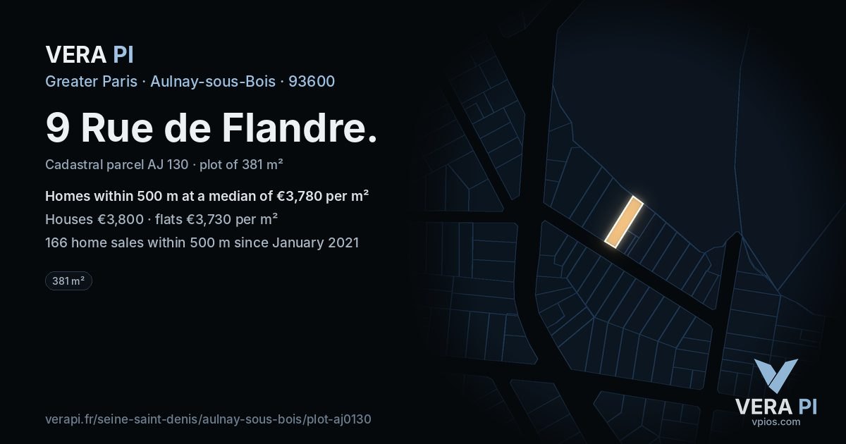 9 Rue de Flandre, Aulnay-sous-Bois at night – the plot lit, the parcels around coloured by the prices near them