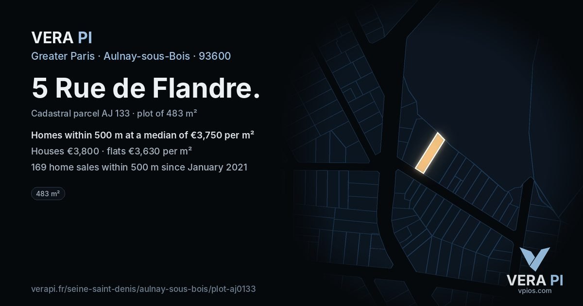 5 Rue de Flandre, Aulnay-sous-Bois at night – the plot lit, the parcels around coloured by the prices near them