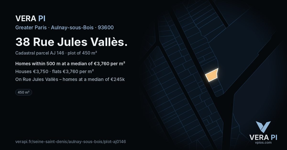 38 Rue Jules Vallès, Aulnay-sous-Bois at night – the plot lit, the parcels around coloured by the prices near them