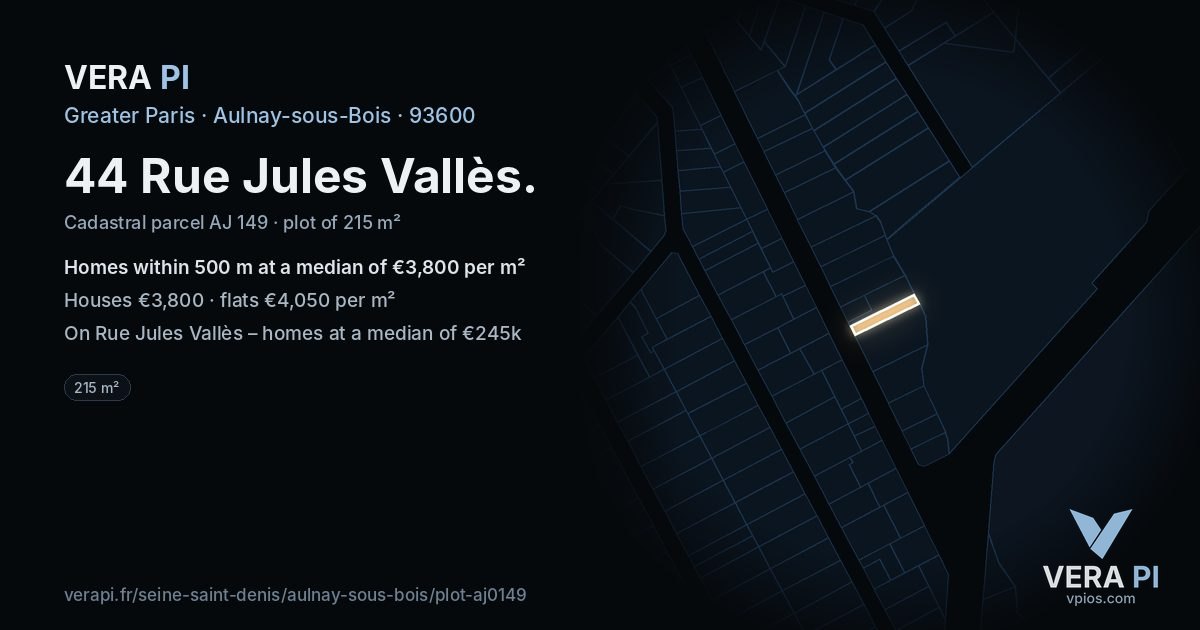 44 Rue Jules Vallès, Aulnay-sous-Bois at night – the plot lit, the parcels around coloured by the prices near them
