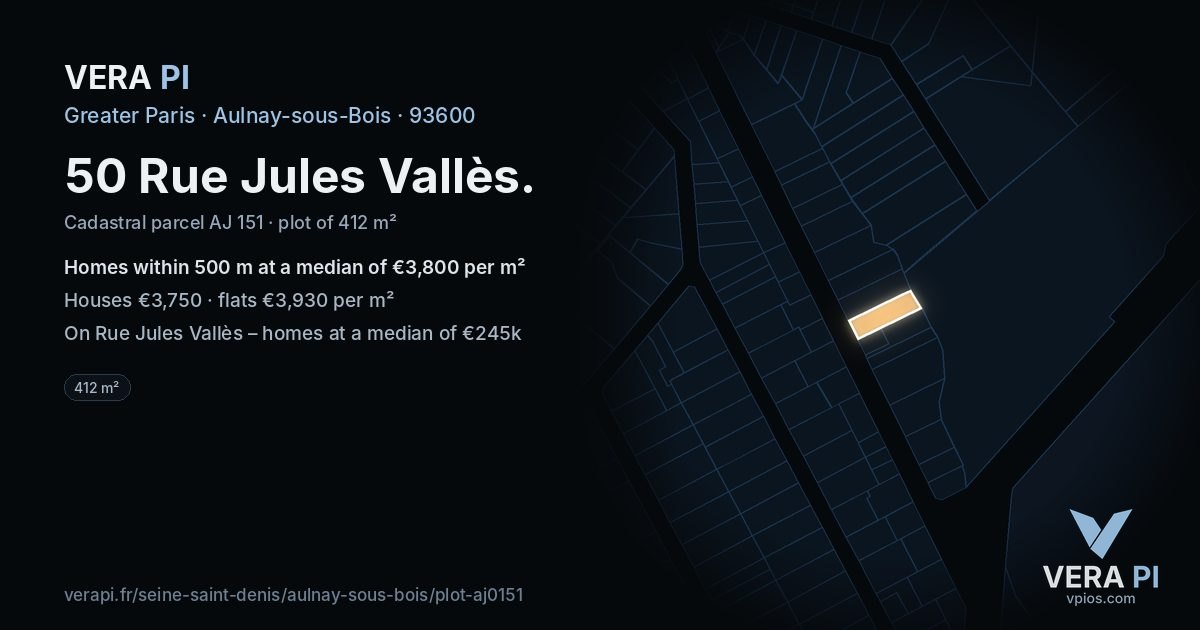 50 Rue Jules Vallès, Aulnay-sous-Bois at night – the plot lit, the parcels around coloured by the prices near them