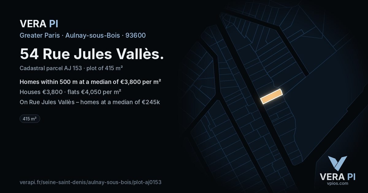 54 Rue Jules Vallès, Aulnay-sous-Bois at night – the plot lit, the parcels around coloured by the prices near them