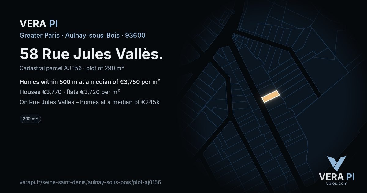 58 Rue Jules Vallès, Aulnay-sous-Bois at night – the plot lit, the parcels around coloured by the prices near them