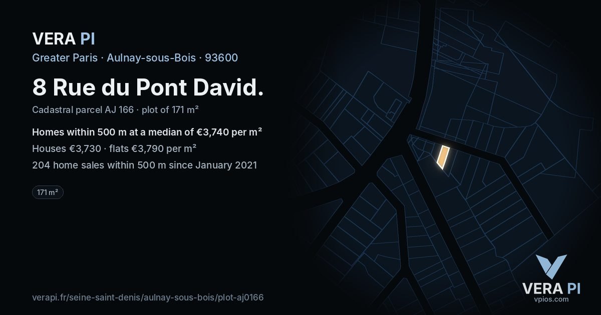 8 Rue du Pont David, Aulnay-sous-Bois at night – the plot lit, the parcels around coloured by the prices near them