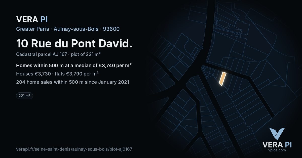 10 Rue du Pont David, Aulnay-sous-Bois at night – the plot lit, the parcels around coloured by the prices near them