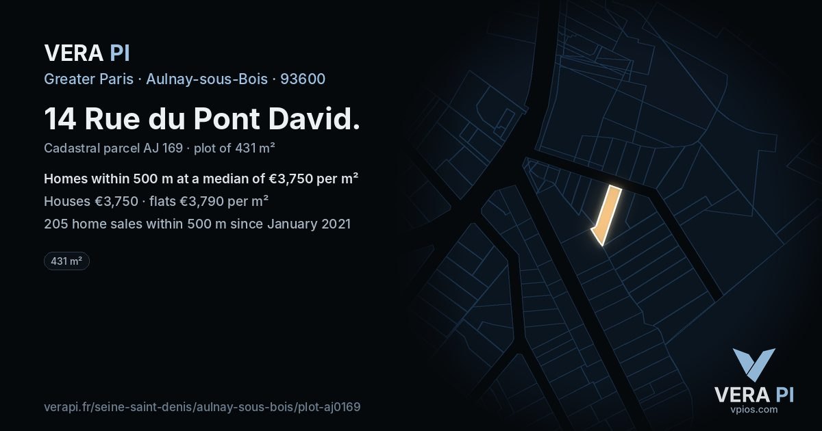 14 Rue du Pont David, Aulnay-sous-Bois at night – the plot lit, the parcels around coloured by the prices near them