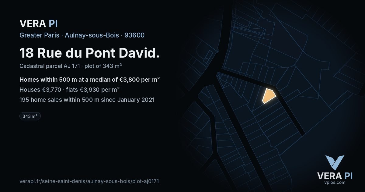 18 Rue du Pont David, Aulnay-sous-Bois at night – the plot lit, the parcels around coloured by the prices near them
