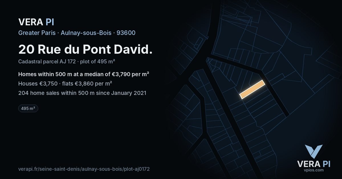 20 Rue du Pont David, Aulnay-sous-Bois at night – the plot lit, the parcels around coloured by the prices near them