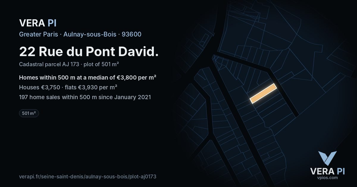 22 Rue du Pont David, Aulnay-sous-Bois at night – the plot lit, the parcels around coloured by the prices near them