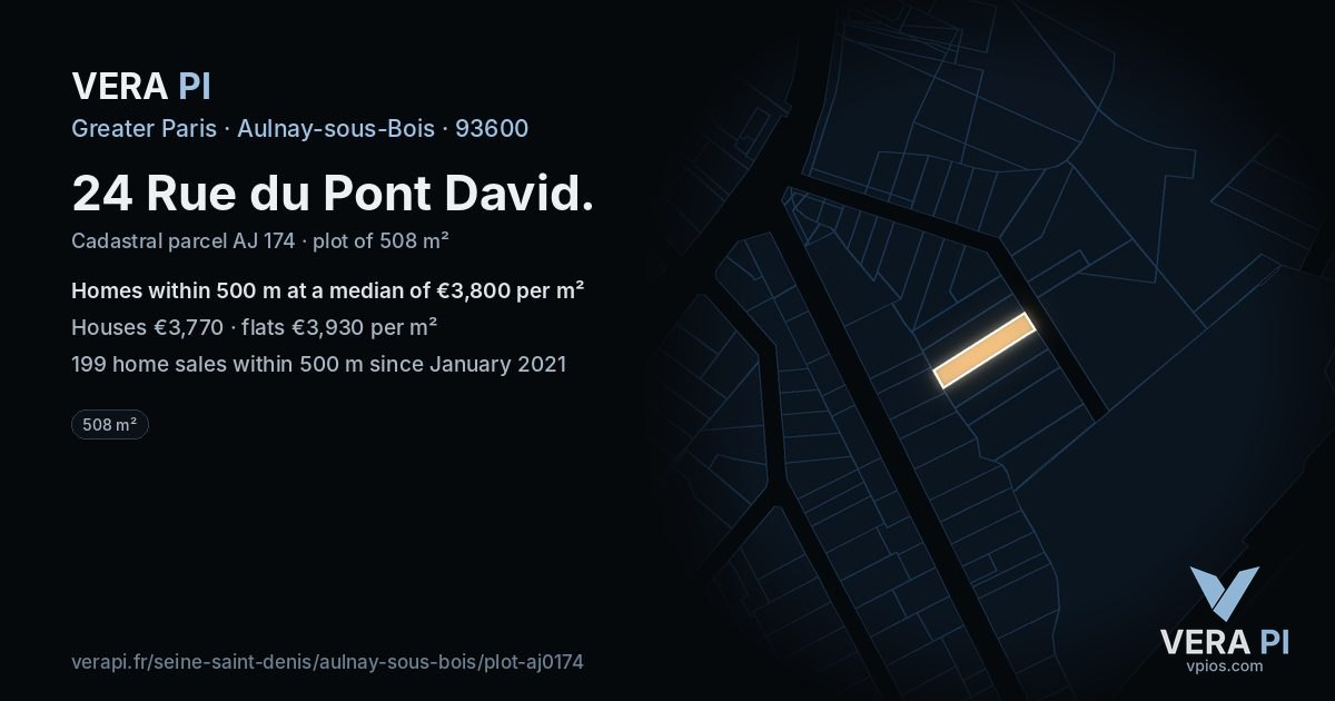 24 Rue du Pont David, Aulnay-sous-Bois at night – the plot lit, the parcels around coloured by the prices near them