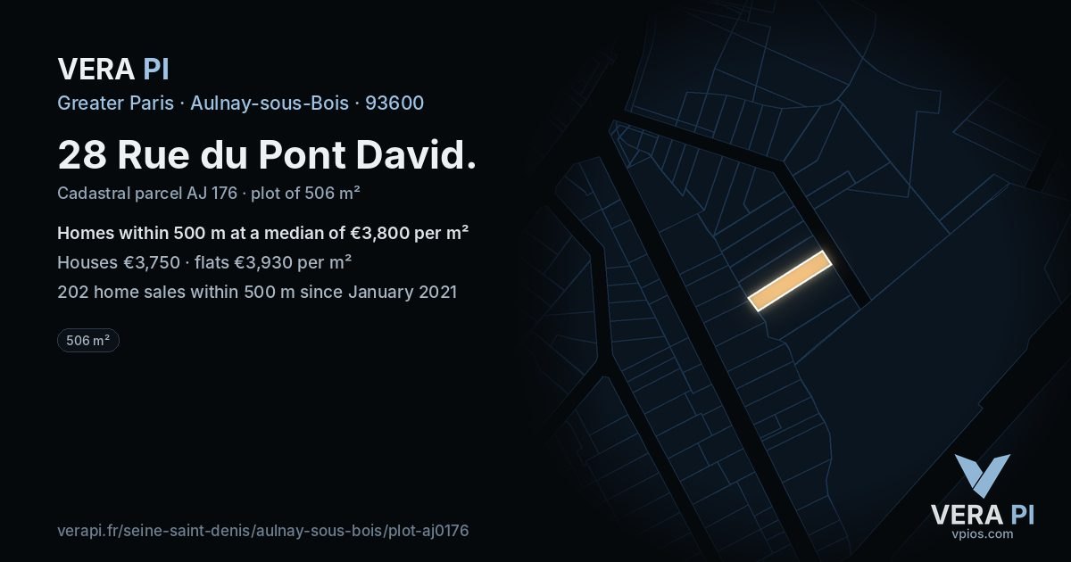 28 Rue du Pont David, Aulnay-sous-Bois at night – the plot lit, the parcels around coloured by the prices near them
