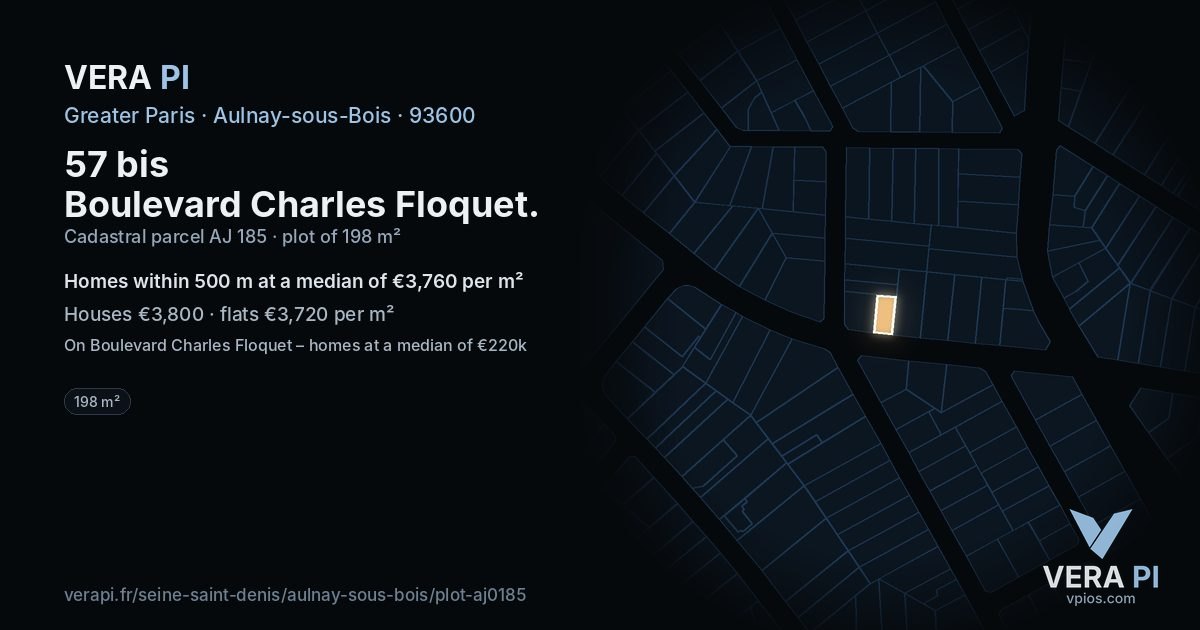 57 bis Boulevard Charles Floquet, Aulnay-sous-Bois at night – the plot lit, the parcels around coloured by the prices near them