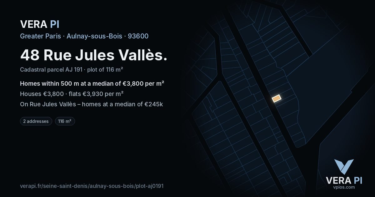48 Rue Jules Vallès, Aulnay-sous-Bois at night – the plot lit, the parcels around coloured by the prices near them