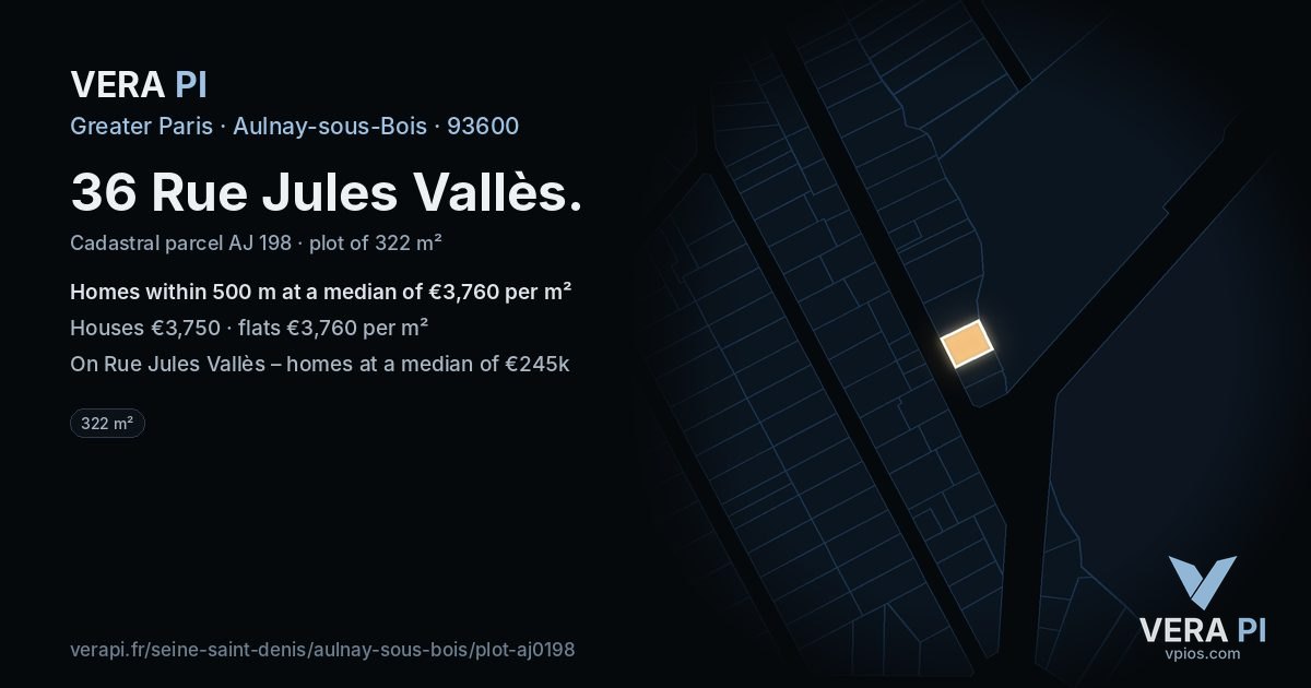 36 Rue Jules Vallès, Aulnay-sous-Bois at night – the plot lit, the parcels around coloured by the prices near them