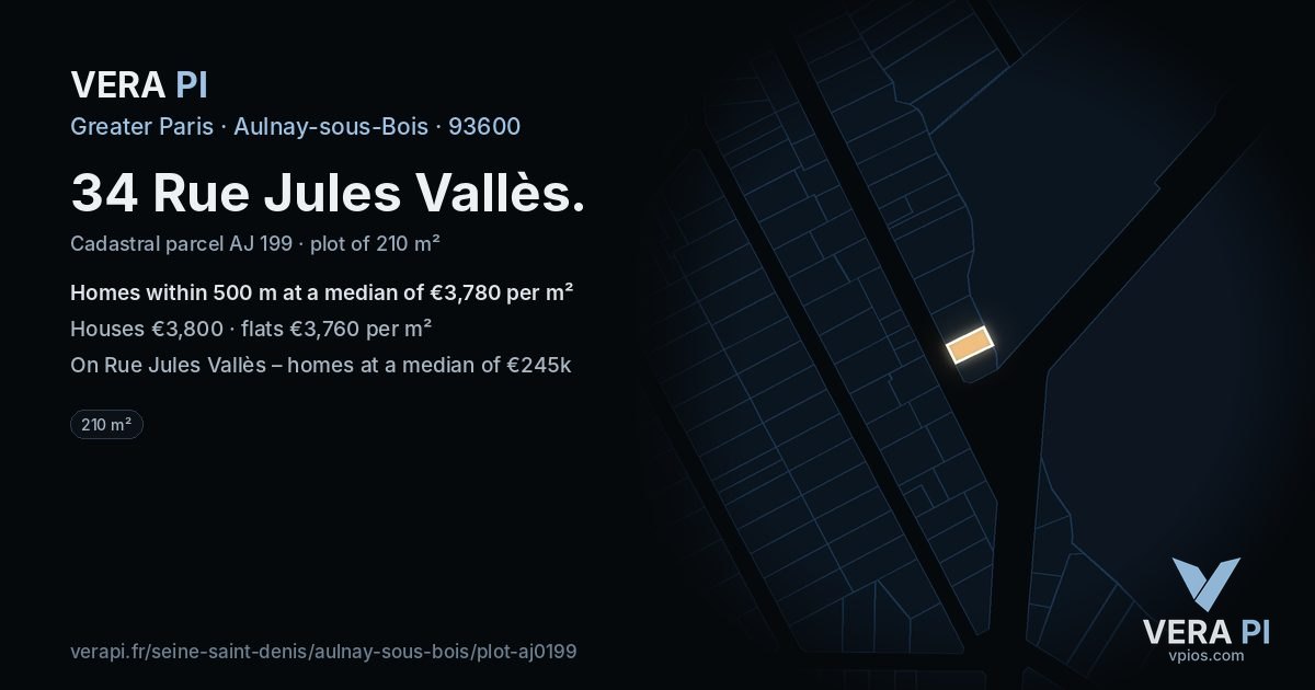 34 Rue Jules Vallès, Aulnay-sous-Bois at night – the plot lit, the parcels around coloured by the prices near them