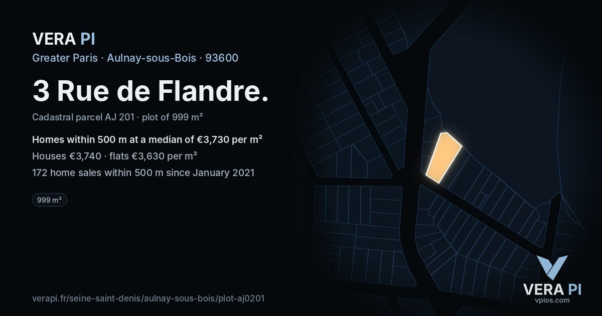 3 Rue de Flandre, Aulnay-sous-Bois at night – the plot lit, the parcels around coloured by the prices near them