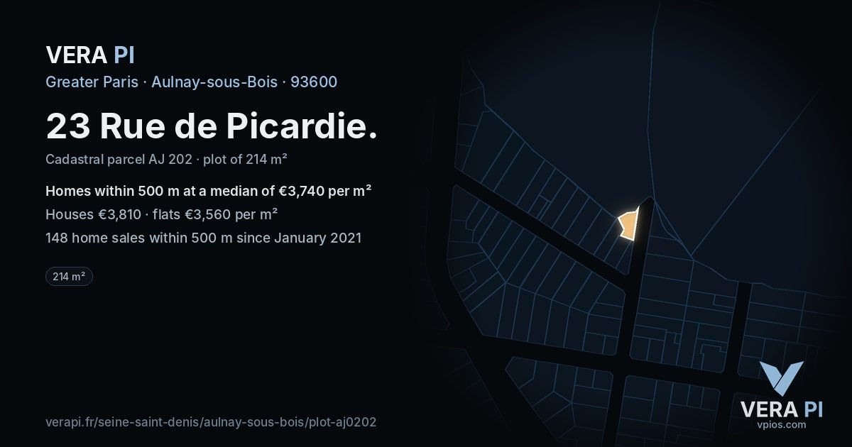23 Rue de Picardie, Aulnay-sous-Bois at night – the plot lit, the parcels around coloured by the prices near them