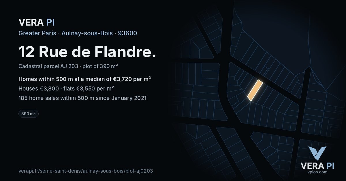 12 Rue de Flandre, Aulnay-sous-Bois at night – the plot lit, the parcels around coloured by the prices near them