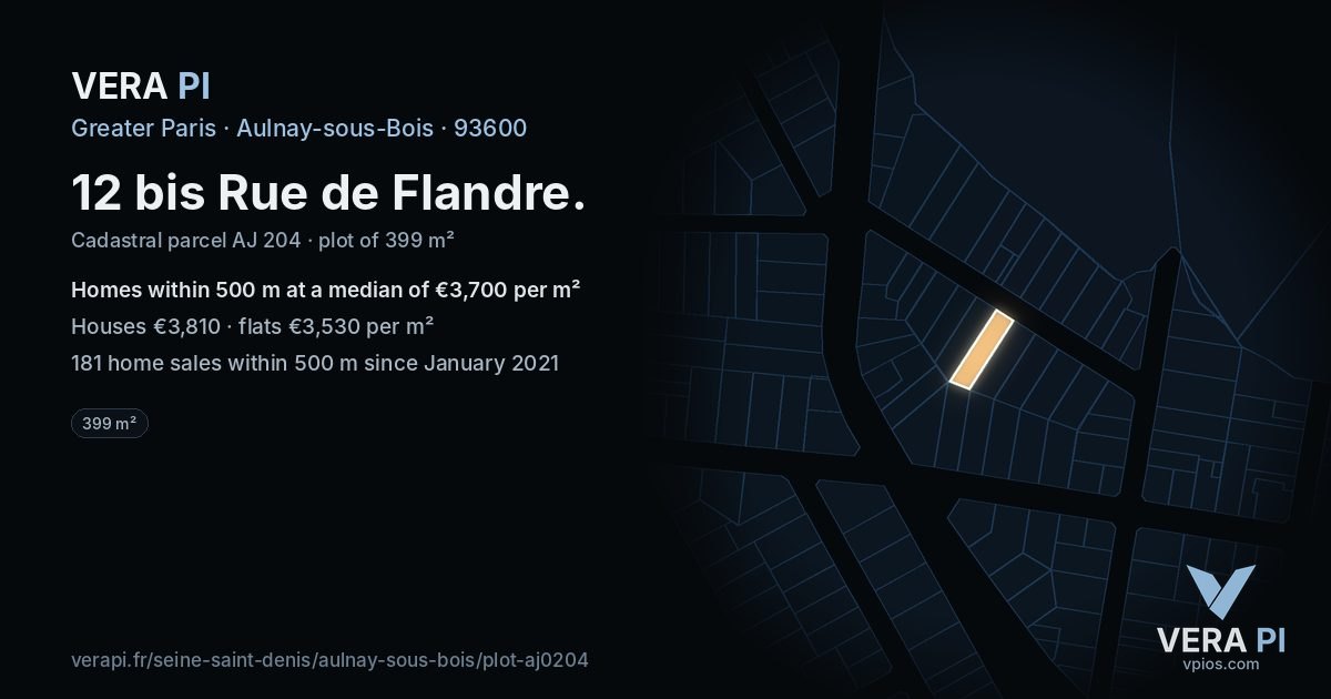 12 bis Rue de Flandre, Aulnay-sous-Bois at night – the plot lit, the parcels around coloured by the prices near them