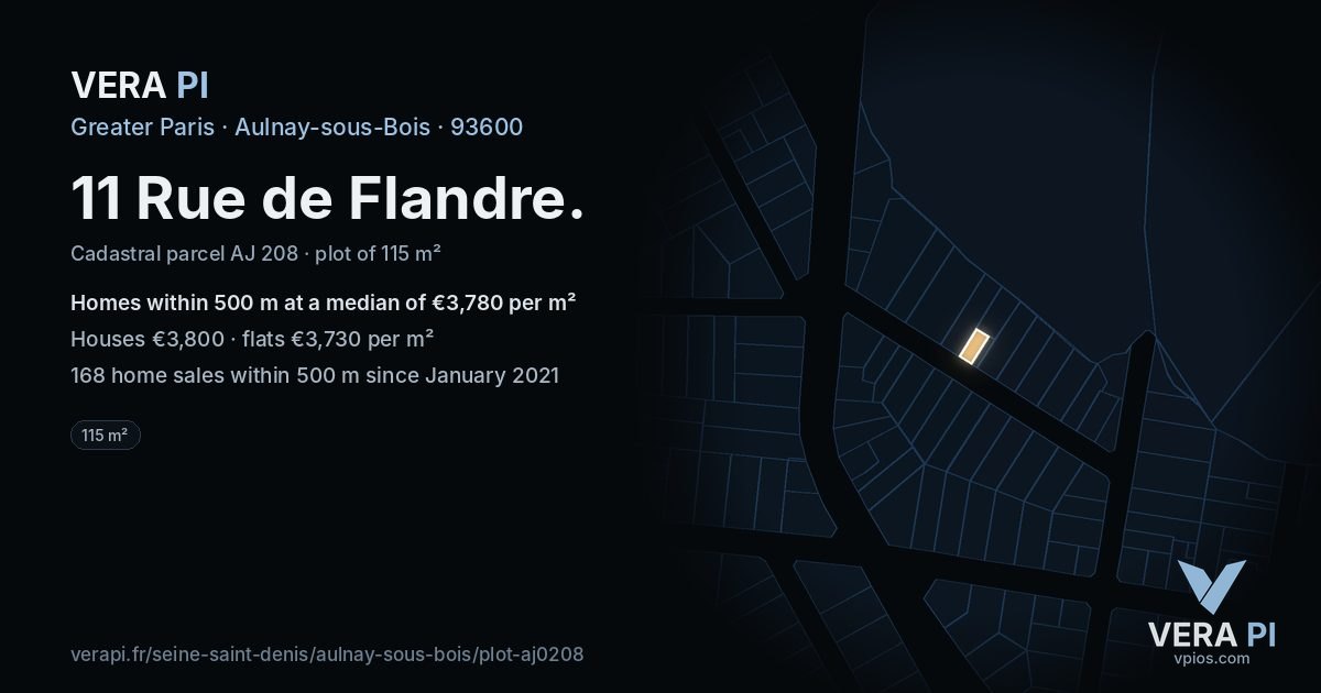 11 Rue de Flandre, Aulnay-sous-Bois at night – the plot lit, the parcels around coloured by the prices near them