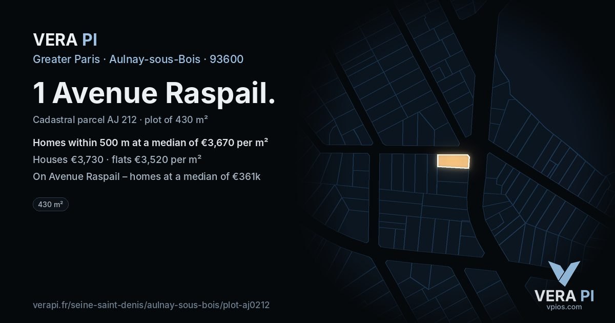 1 Avenue Raspail, Aulnay-sous-Bois at night – the plot lit, the parcels around coloured by the prices near them