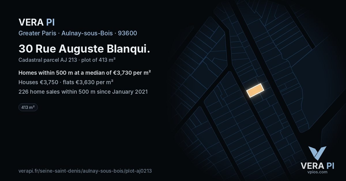 30 Rue Auguste Blanqui, Aulnay-sous-Bois at night – the plot lit, the parcels around coloured by the prices near them