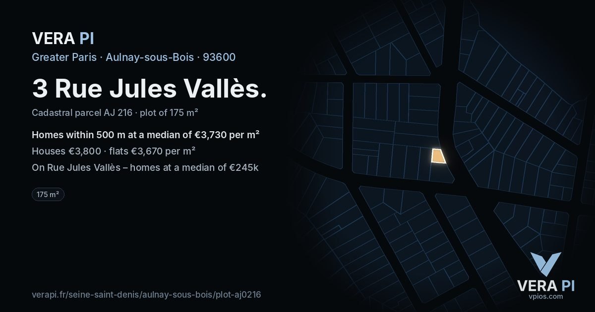 3 Rue Jules Vallès, Aulnay-sous-Bois at night – the plot lit, the parcels around coloured by the prices near them