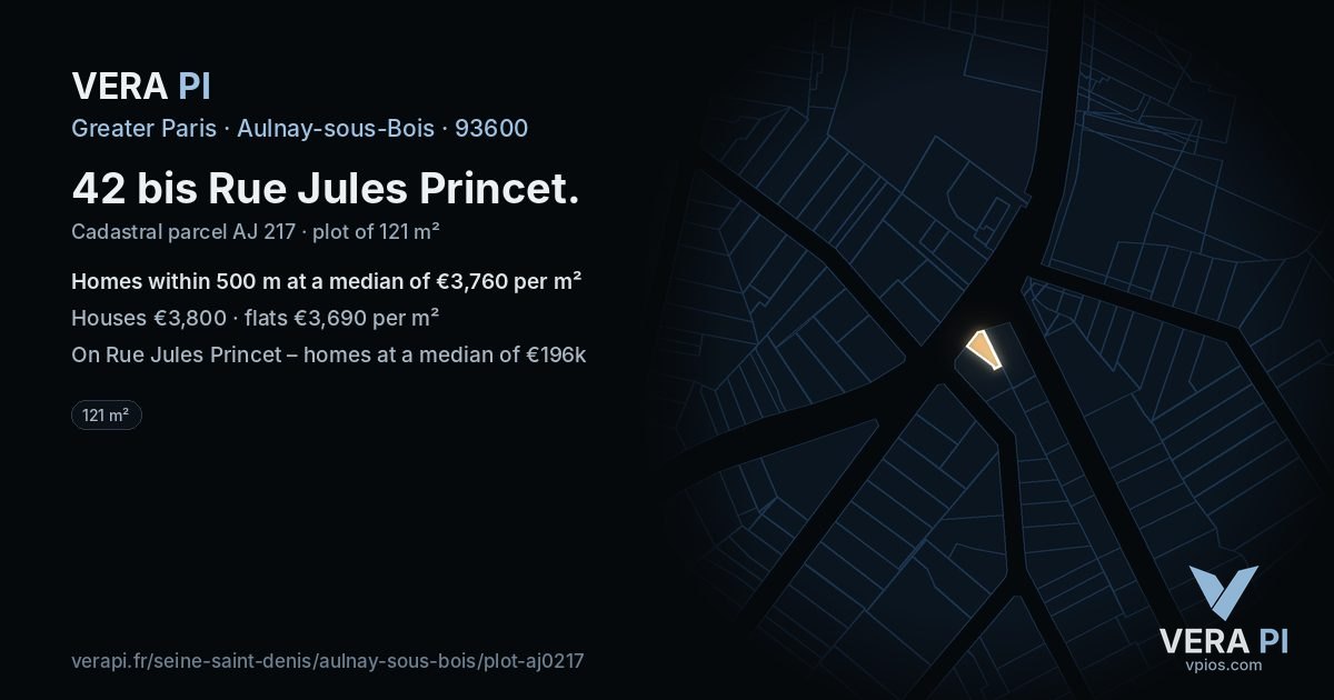 42 bis Rue Jules Princet, Aulnay-sous-Bois at night – the plot lit, the parcels around coloured by the prices near them