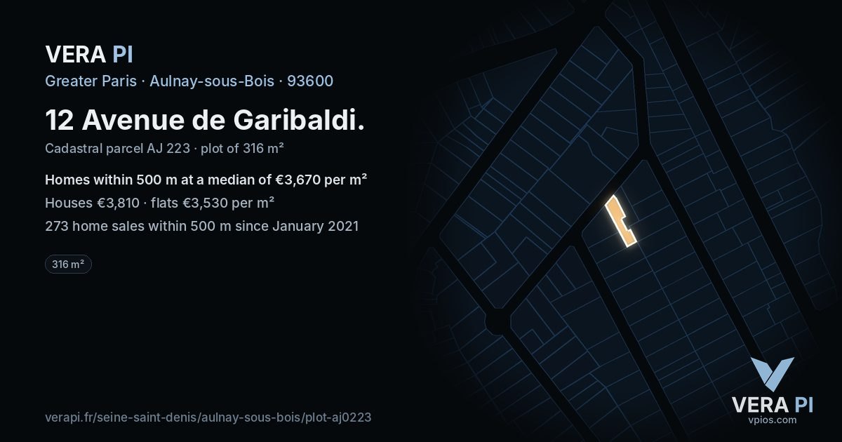 12 Avenue de Garibaldi, Aulnay-sous-Bois at night – the plot lit, the parcels around coloured by the prices near them
