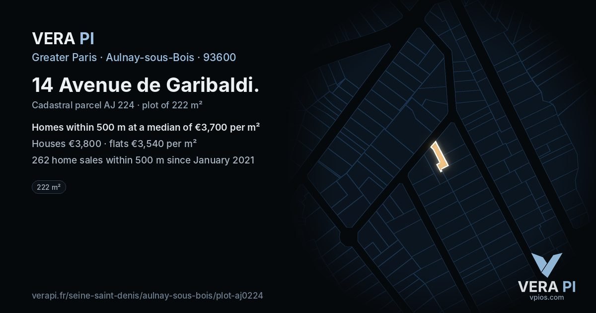 14 Avenue de Garibaldi, Aulnay-sous-Bois at night – the plot lit, the parcels around coloured by the prices near them