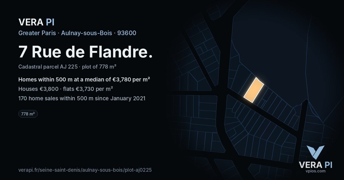 7 Rue de Flandre, Aulnay-sous-Bois at night – the plot lit, the parcels around coloured by the prices near them