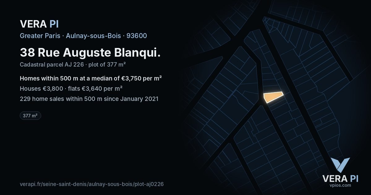 38 Rue Auguste Blanqui, Aulnay-sous-Bois at night – the plot lit, the parcels around coloured by the prices near them